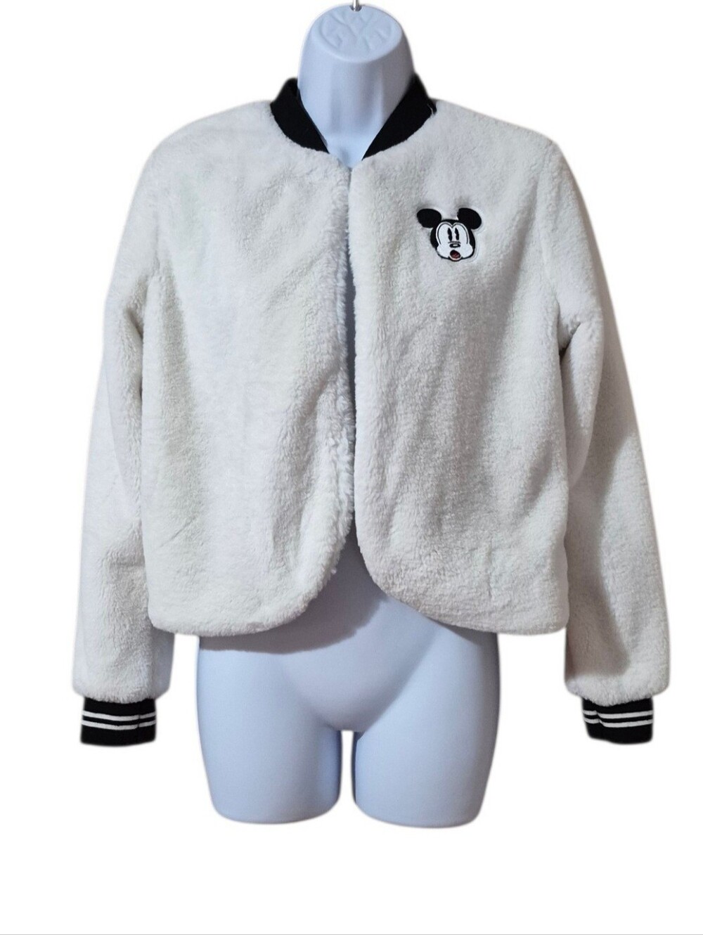 Disney Mickey Mouse Faux Fur Sherpa Bomber Jacket Collarless Open Front Sm EUC